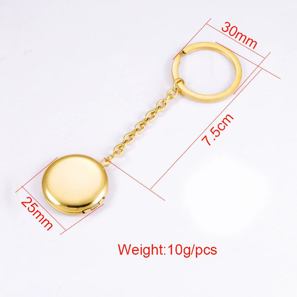 Stainless Steel Couple Round Geometric Gloss Commemorative Photo Keychain Pendant With Electroplating