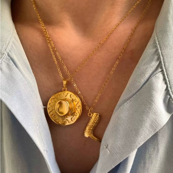 Stainless Steel Cowboy Hat Boots Necklace With Vacuum Plated 18K Gold Color