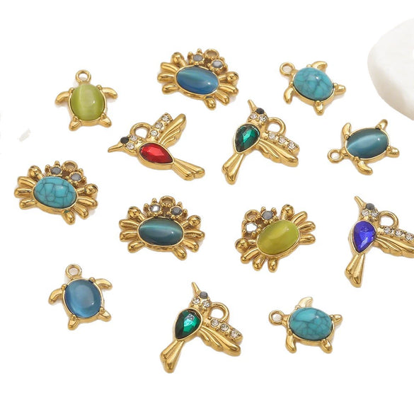 Stainless Steel Crab Turtle Bird Inlaid Stone Pendant Jewelry Accessories Electroplated