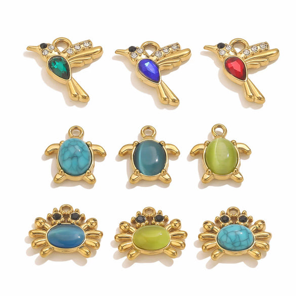 Stainless Steel Crab Turtle Bird Inlaid Stone Pendant Jewelry Accessories Electroplated
