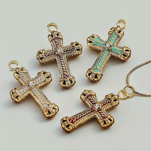 Stainless Steel Cross Crystal Embellishment Totem Pattern Handmade Oil Pressure Process Electroplating Necklace Bracelet Hanging Accessories