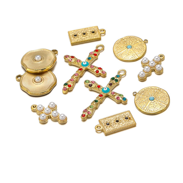 Stainless Steel Cross Disc Inlaid Pearl Pendant Jewelry Accessories With Electroplating