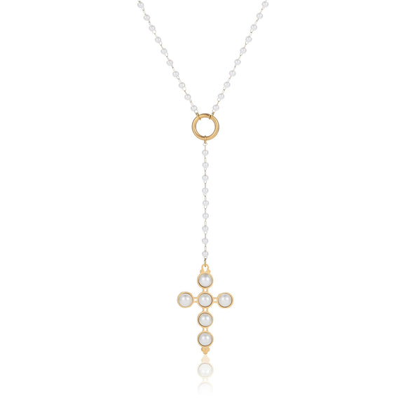 Stainless Steel Cross Pendant With Pearls Electroplated Women's Clavicle Necklace Retro Style