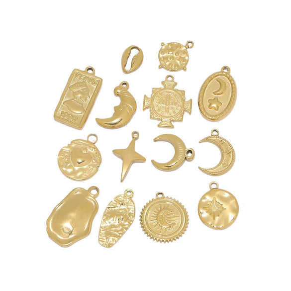 Stainless Steel Cross Pendant With Sun Moon Star Pattern Vintage Style Electroplated Diy Necklace Accessory