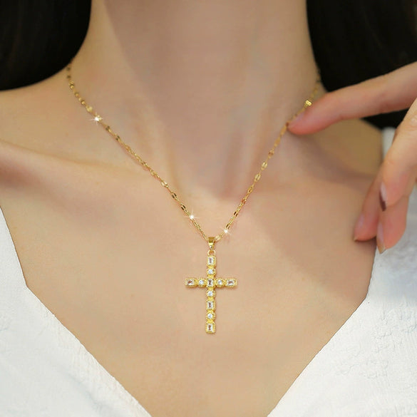 Stainless Steel Cross Zircon Clavicle Chain With Geometric And Cartoon Style
