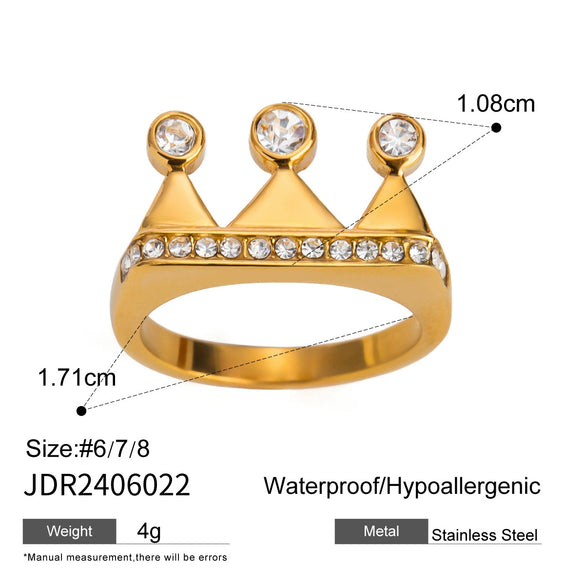Stainless Steel Crown Rhinestone Ring Geometric Style Electroplated Women's Hand Jewelry
