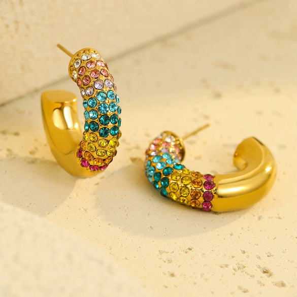 Stainless Steel Cshaped Colorful Zircon Electroplated Women's Earrings