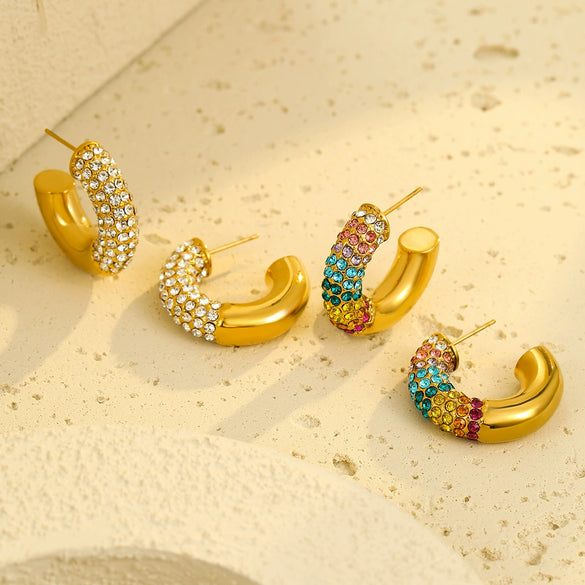 Stainless Steel Cshaped Colorful Zircon Electroplated Women's Earrings