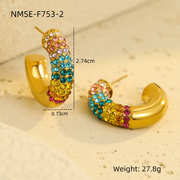 Stainless Steel Cshaped Colorful Zircon Electroplated Women's Earrings