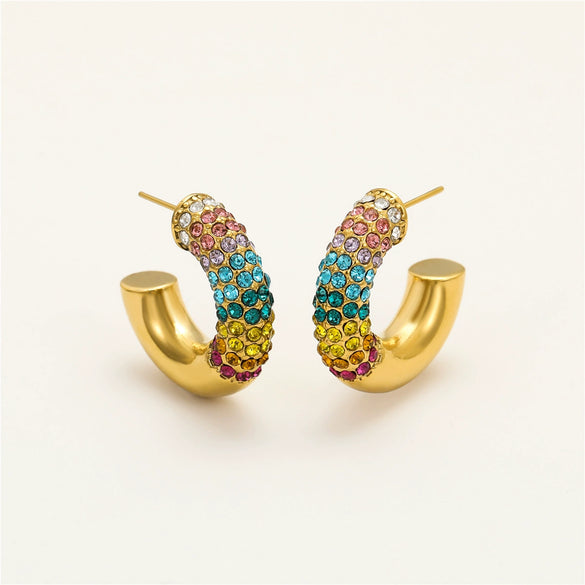 Stainless Steel Cshaped Colorful Zircon Electroplated Women's Earrings