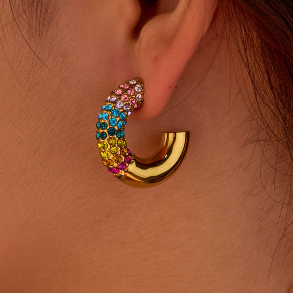 Stainless Steel Cshaped Colorful Zircon Electroplated Women's Earrings