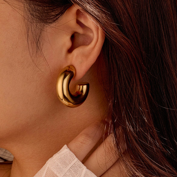 Stainless Steel Cshaped Glossy Fashion Earrings 18K Goldplated