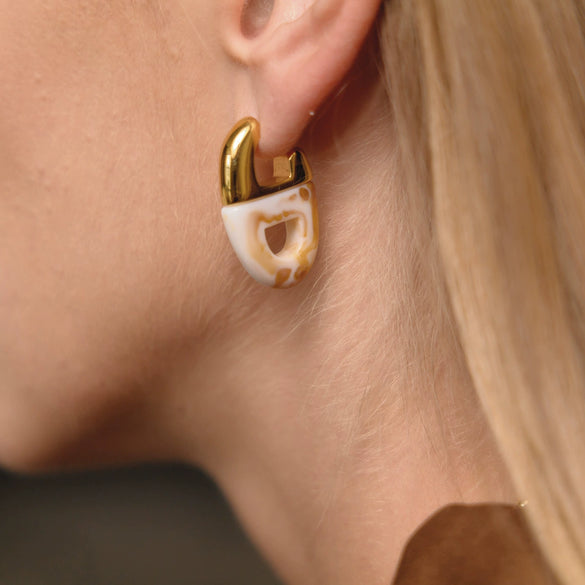 Stainless Steel Cshaped Hoop Earrings With Geometric Pvd Goldplated Design And Titanium Steel Posts For Women