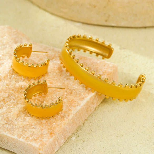 Stainless Steel Cshaped Lace Texture 18K Gold Plated Vintage Women's Bracelet Earrings Set