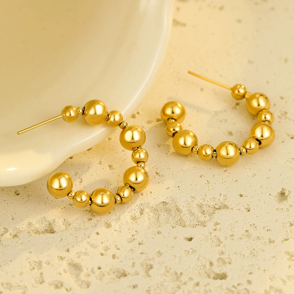 Stainless Steel Cshaped Round Beads Earrings Electroplated For Women