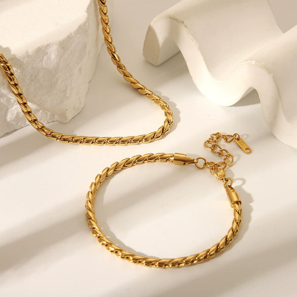 Stainless Steel Cuban Chain Bracelet And Necklace Set With Serpentine Pattern Vacuum Real Gold Electroplated In Pvd Furnace For Unisex