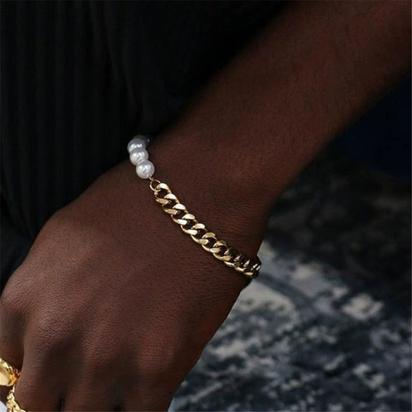 Stainless Steel Cuban Chain Pearl Bracelet Geometric Style Unisex