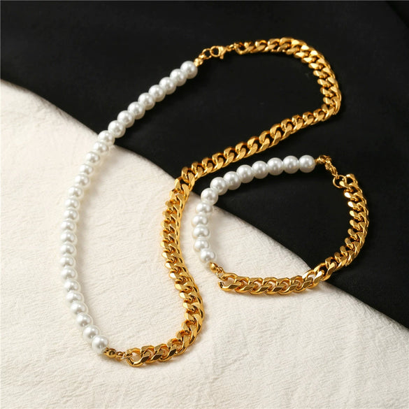 Stainless Steel Cuban Chain Pearl Bracelet Geometric Style Unisex
