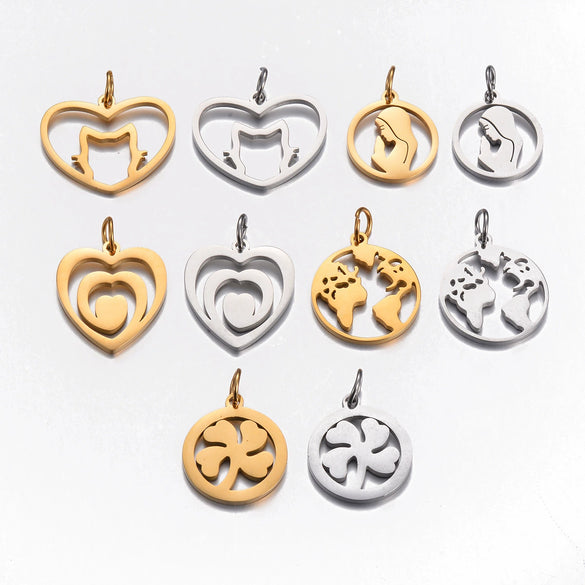 Stainless Steel Cut Out Fourleaf Clover Heart Round Pendant Diy Accessories Electroplating