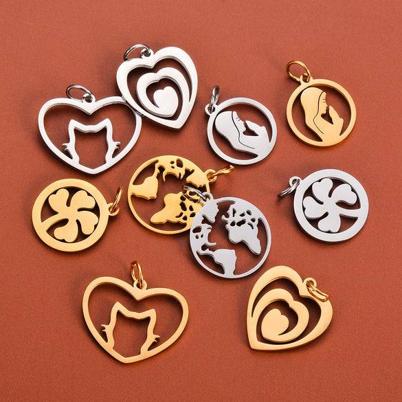 Stainless Steel Cut Out Fourleaf Clover Heart Round Pendant Diy Accessories Electroplating