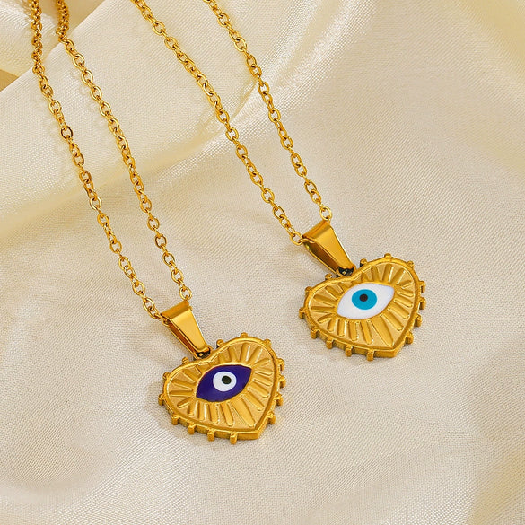 Stainless Steel Devil's Eye Heart Pendant Women's French Retro Cross Chain Necklace With Electroplating