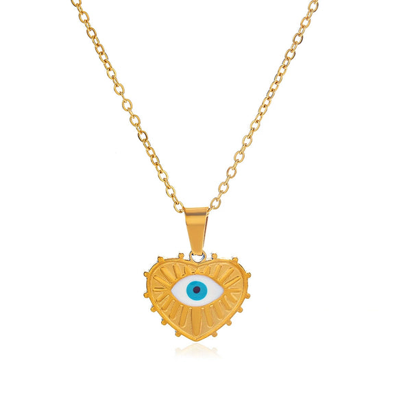 Stainless Steel Devil's Eye Heart Pendant Women's French Retro Cross Chain Necklace With Electroplating