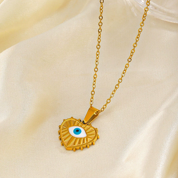Stainless Steel Devil's Eye Heart Pendant Women's French Retro Cross Chain Necklace With Electroplating