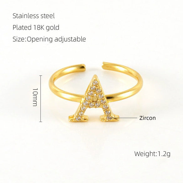 316L Stainless Steel Diamond Letter Ring Fashion Light Luxury Opening Adjustable For Women