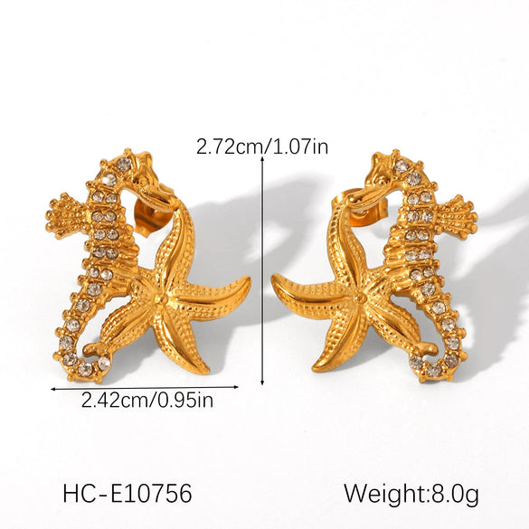 Stainless Steel Diamondencrusted Seahorse And Starfish Earrings Marine Style Animal And Geometric Pattern