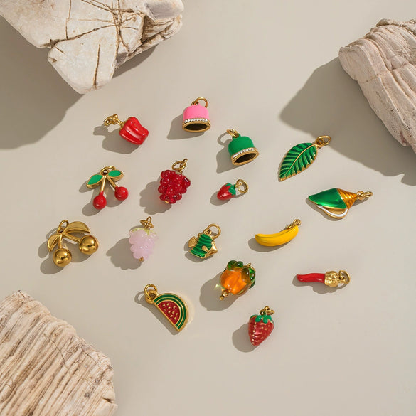 Stainless Steel Diy Fruit Pendant With Electroplating For Fashion Matching Strawberry Watermelon Banana Grape Design
