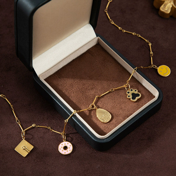 Stainless Steel Donut Smiley Face Geometric Pendant Necklace With Furnace Vacuum Plating 18K Gold Color