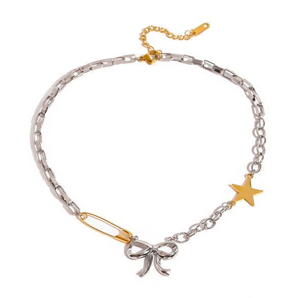 Stainless Steel Double Color Electroplated Bow Clavicle Necklace