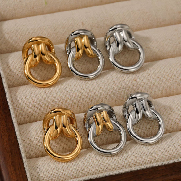 Stainless Steel Double Ring Buckle Geometric Earrings With Electroplating For Women Fashionable Light Luxury Casual Style Accessories