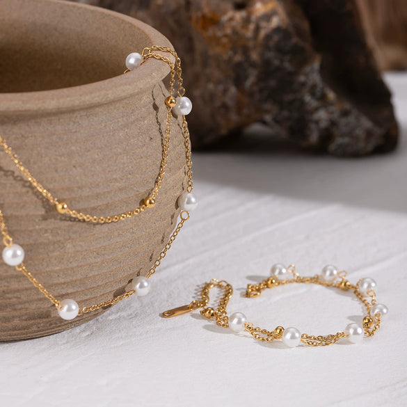 Stainless Steel Doublelayer Beaded Pearl Geometric Style Electroplated Women's Bracelet