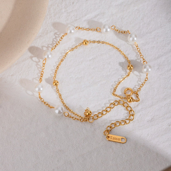Stainless Steel Doublelayer Beaded Pearl Geometric Style Electroplated Women's Bracelet