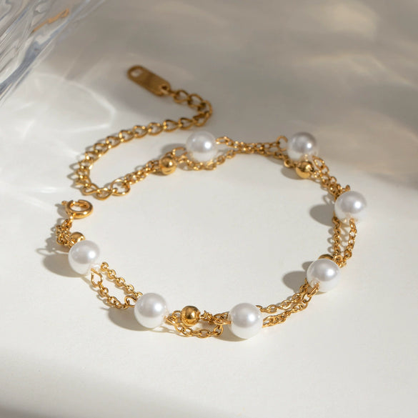 Stainless Steel Doublelayer Beaded Pearl Geometric Style Electroplated Women's Bracelet