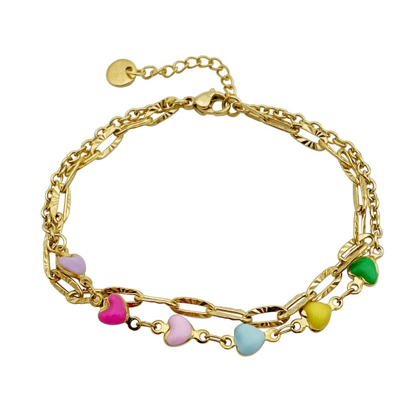 Stainless Steel Doublelayer Bracelet With Heart And Geometric Patterns Electroplated For Women Vintage Allmatch Style