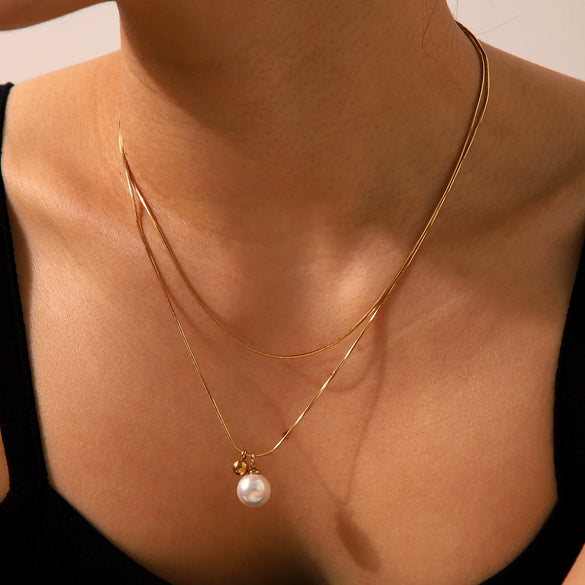 Stainless Steel Doublelayer Stacked Women's Necklace With Geometric Pearl Pendant And Snake Bone Chain Electroplated