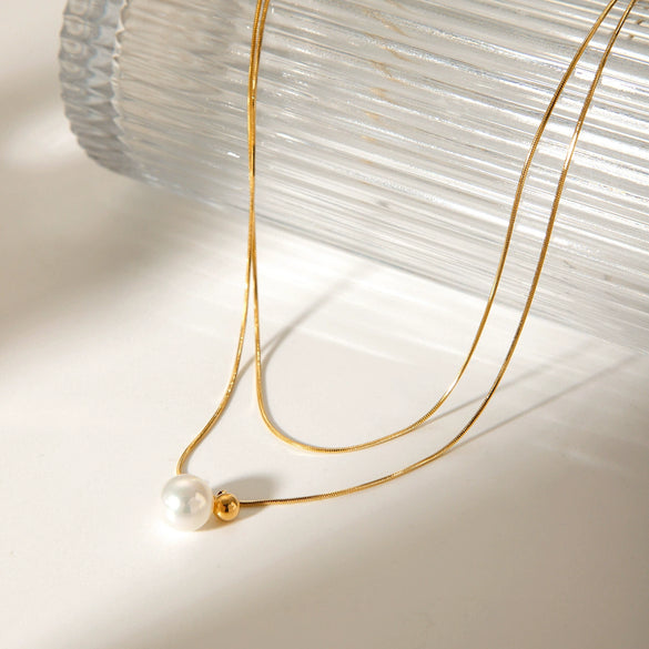 Stainless Steel Doublelayer Stacked Women's Necklace With Geometric Pearl Pendant And Snake Bone Chain Electroplated