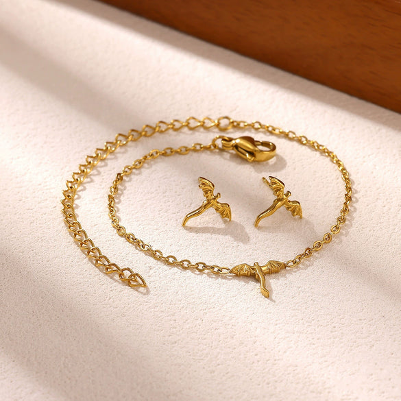 Stainless Steel Dragon Stud Earrings And Bracelet Jewelry Set With Electroplated Animal Design For Women