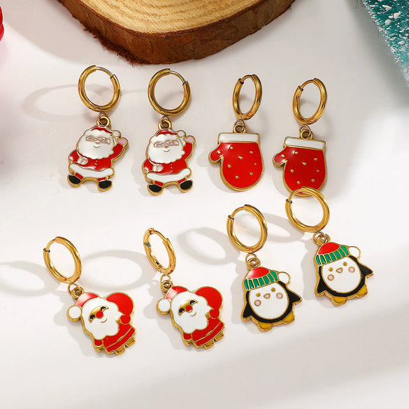 Stainless Steel Dripping Oil Christmas Holiday Earrings For Women With Snowflake And Christmas Tree Designs