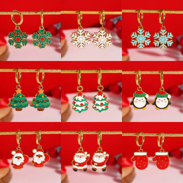 Stainless Steel Dripping Oil Christmas Holiday Earrings For Women With Snowflake And Christmas Tree Designs