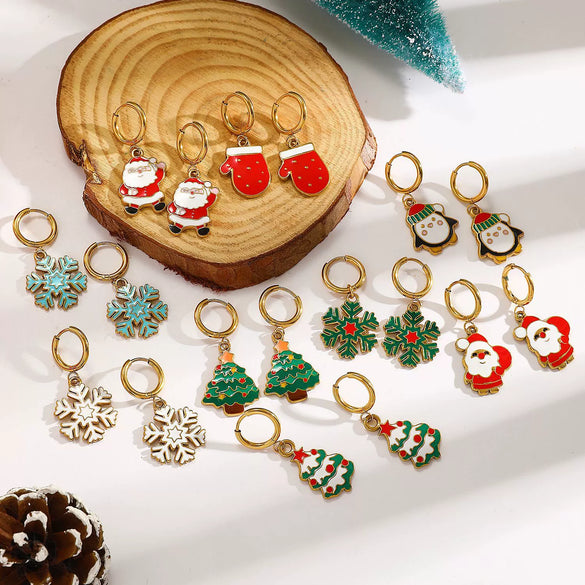 Stainless Steel Dripping Oil Christmas Holiday Earrings For Women With Snowflake And Christmas Tree Designs