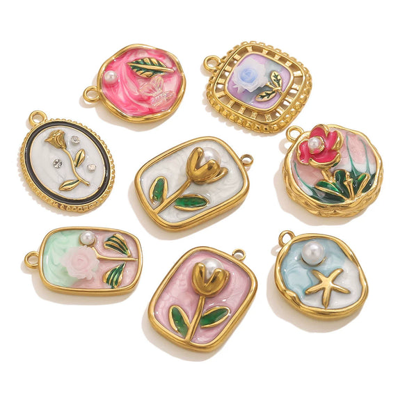 Stainless Steel Dripping Oil Round Square Flower Pendant Jewelry Accessories