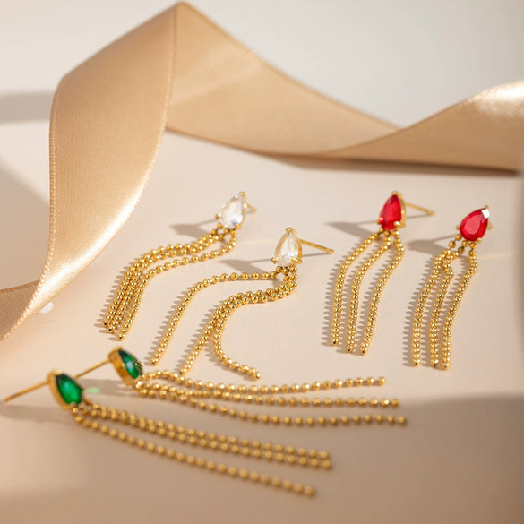 Stainless Steel Drop Shaped Geometric Crystal Zirconium Tassel Earrings For Women With Electroplating