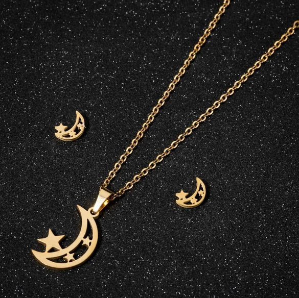 Stainless Steel Earrings And Necklace Suit With Love Water Drops And Bell Patterns Five Pointed Star Shape Electroplated Simple Style