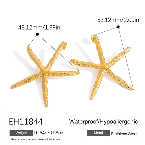 Stainless Steel Earrings Hammered Starfish Style Electroplated For Women