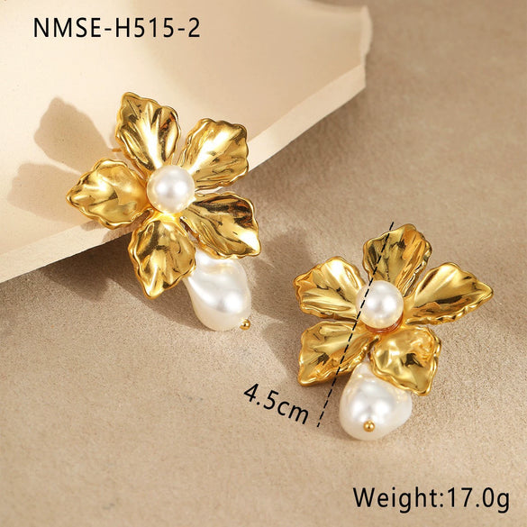 Stainless Steel Earrings Imitation Pearl Baroque Geometric Flower Electroplating Design Women's
