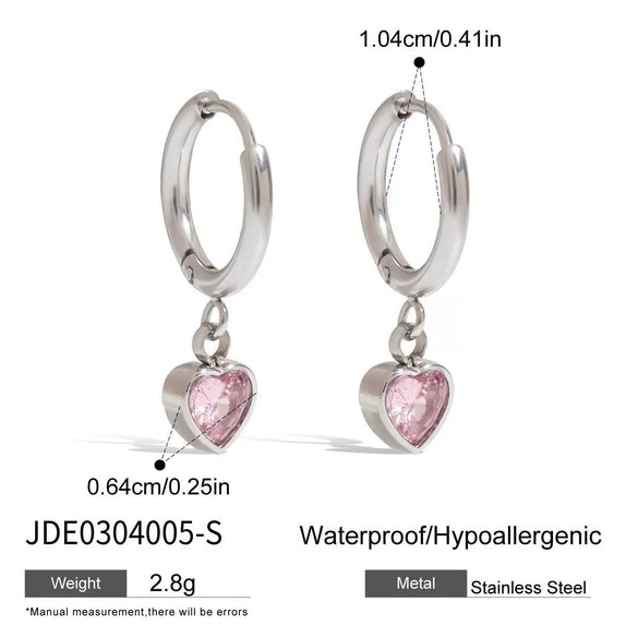 Stainless Steel Earrings With Love Pendants Pink Zirconium Minimalist Original Design Electroplating