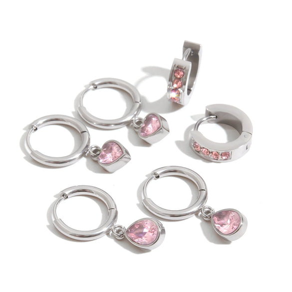Stainless Steel Earrings With Love Pendants Pink Zirconium Minimalist Original Design Electroplating